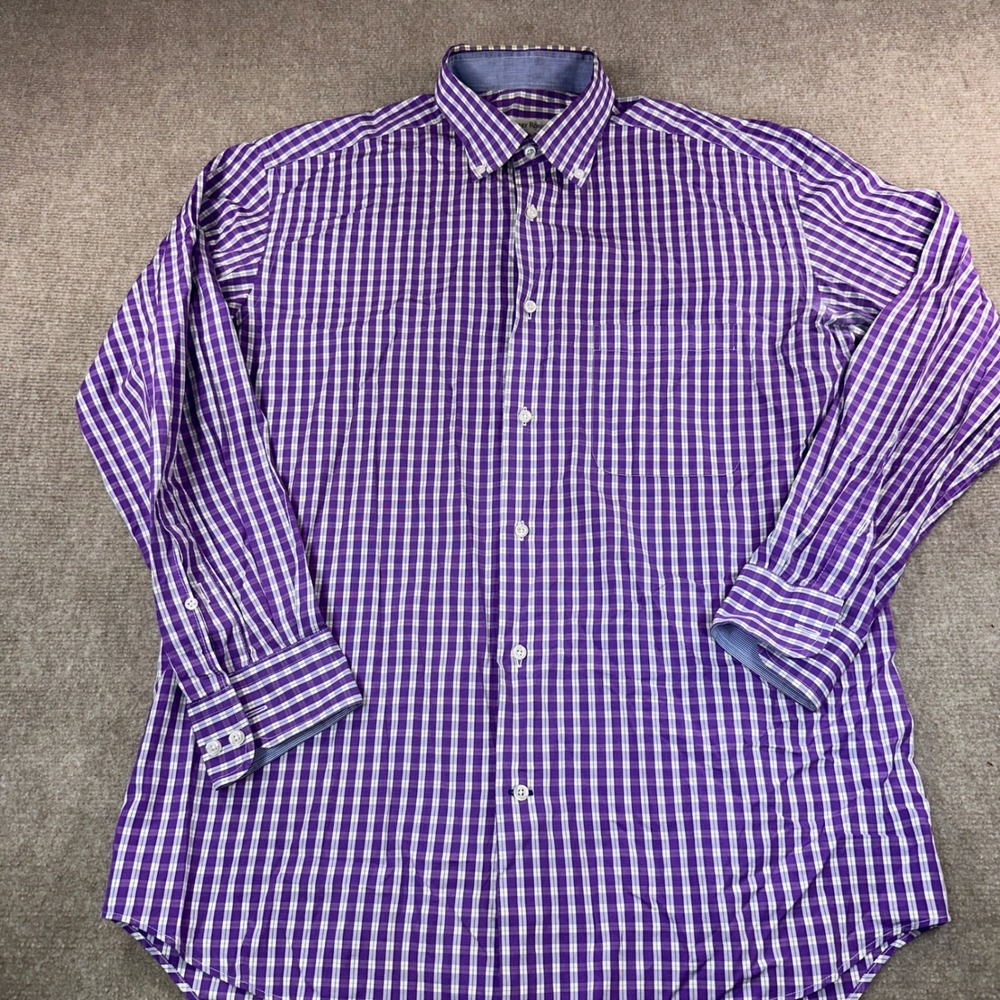 Harry Rosen Mens Large Purple White Check Button Down Shirt Long Sleeve L